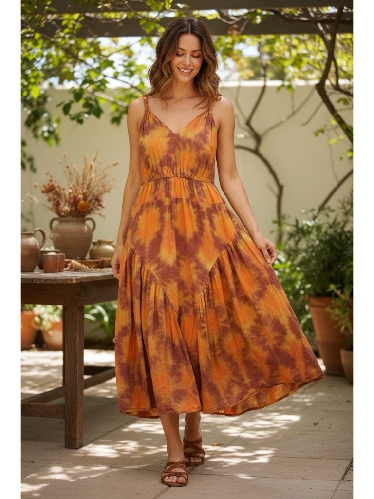 Ulla Johnson Orange Tie Dye Tiered Cotton Midi Dress Boho Sundress Cami Size 6